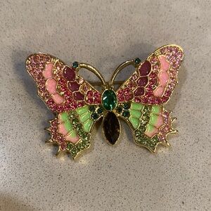 Gold-Tone Pink & Green Butterfly Brooch with Crystals NWOT